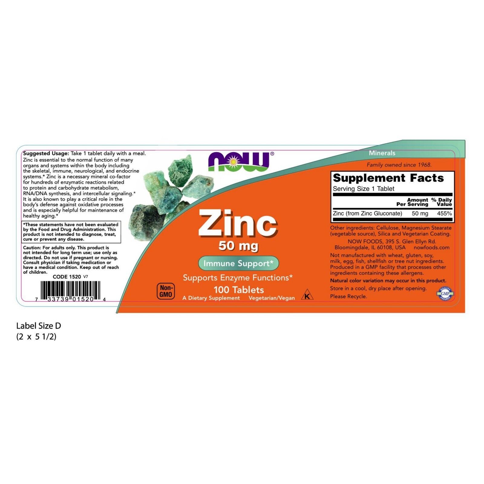 NOW Foods Zinc Gluconate, 50 mg, 100 Tablets 24Hr Smart